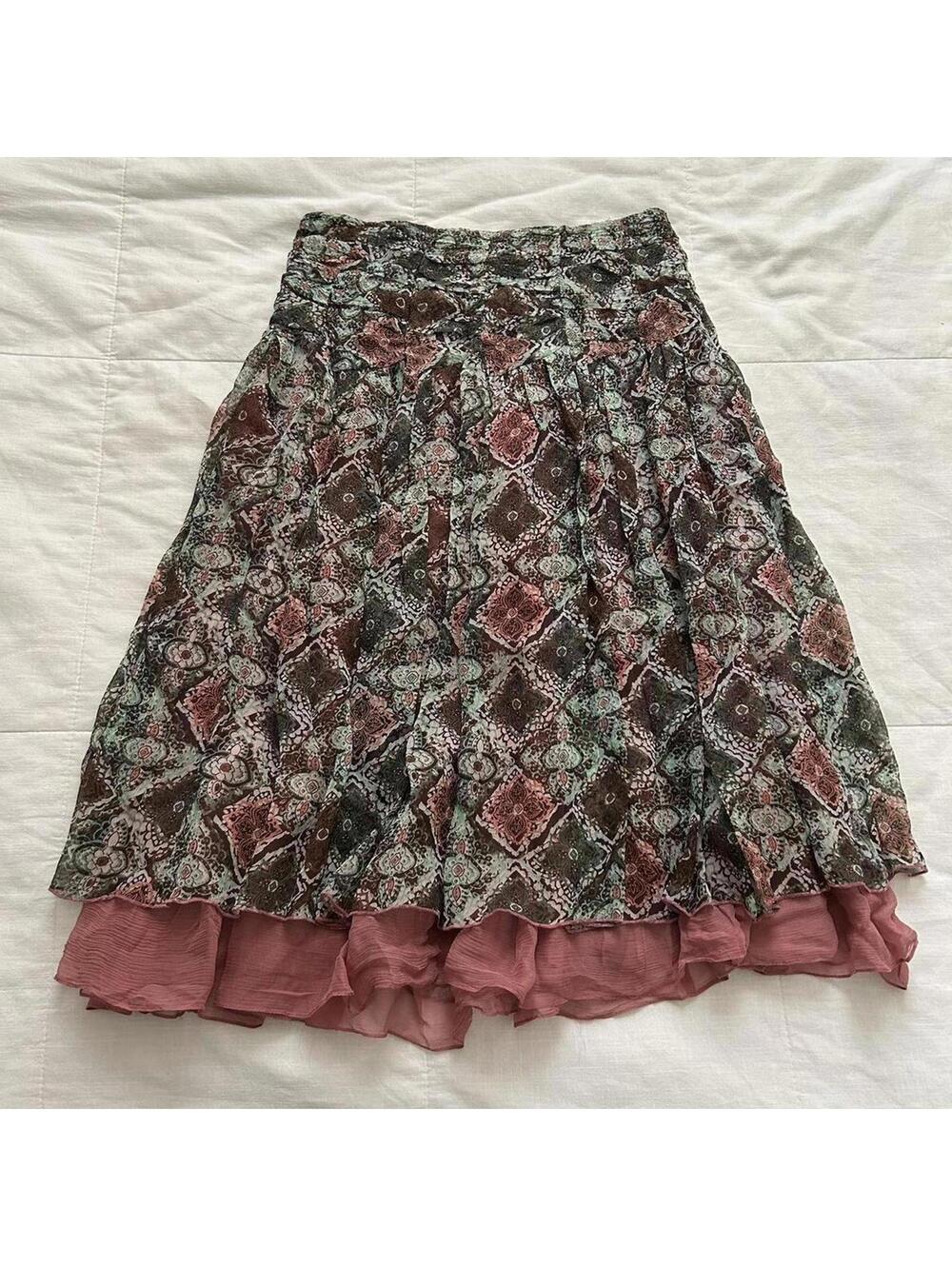 Chadwick's Pink Green Silk Floral Ruffle Skirt Size 6
